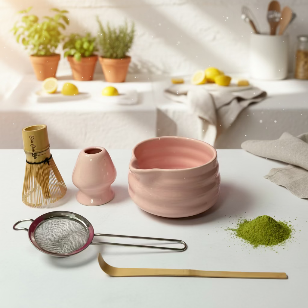 ChaChaLab - Matcha tea készítő eszközkészlet (5 db) - Rózsaszín (Chawan / tál 500 ml)